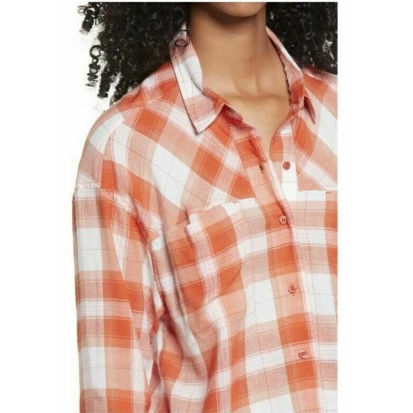 BP Women's High/Low Plaid Button Up Shirt Rust Ivory Bill Plaid Small MSRP $39 - Picture 4 of 6